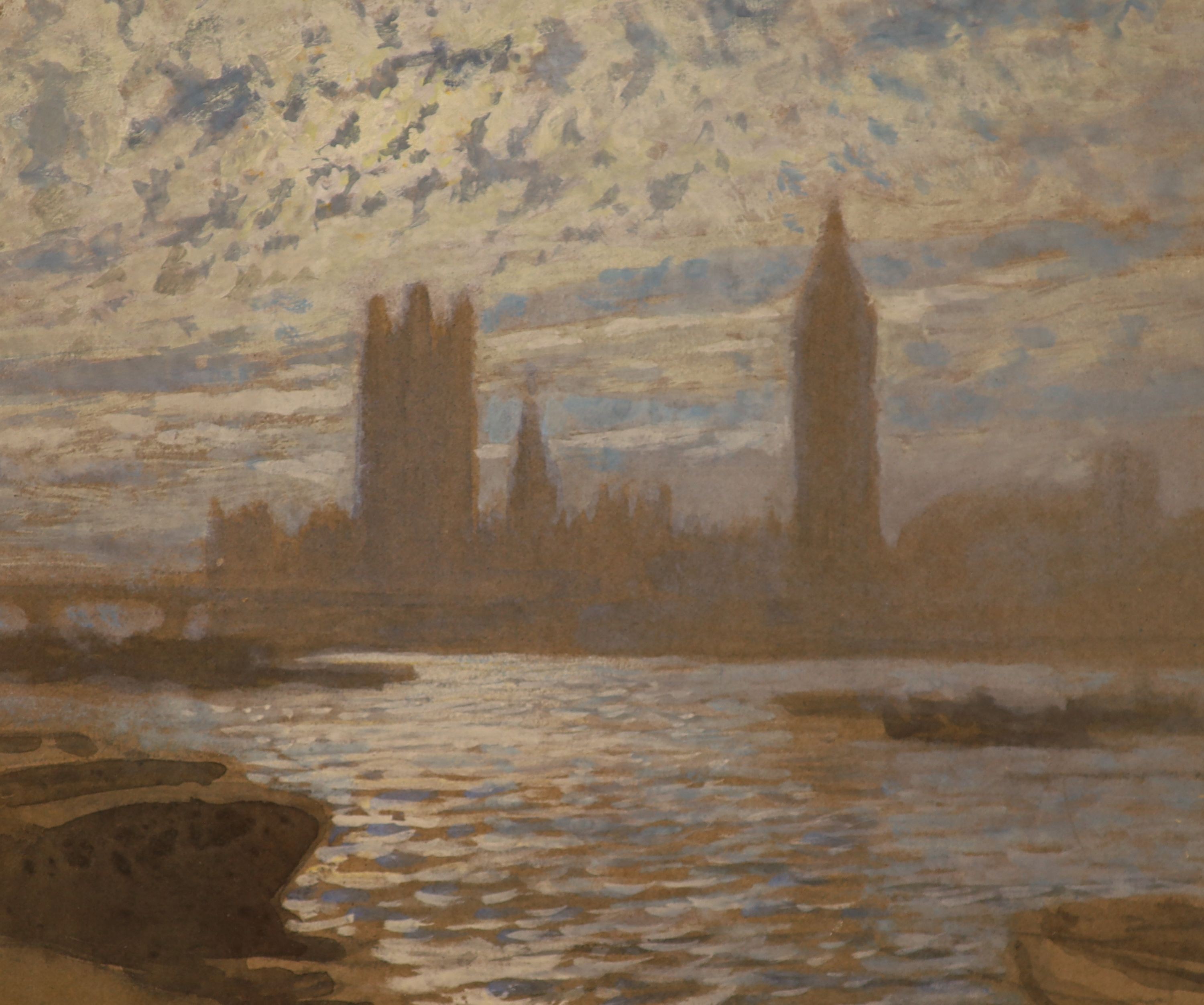 Attributed to Arthur Severn (1842-1931). watercolour, View of the Houses of Parliament and Big Ben over the Thames, unsigned, David Messum label verso, 15cm x 19cm